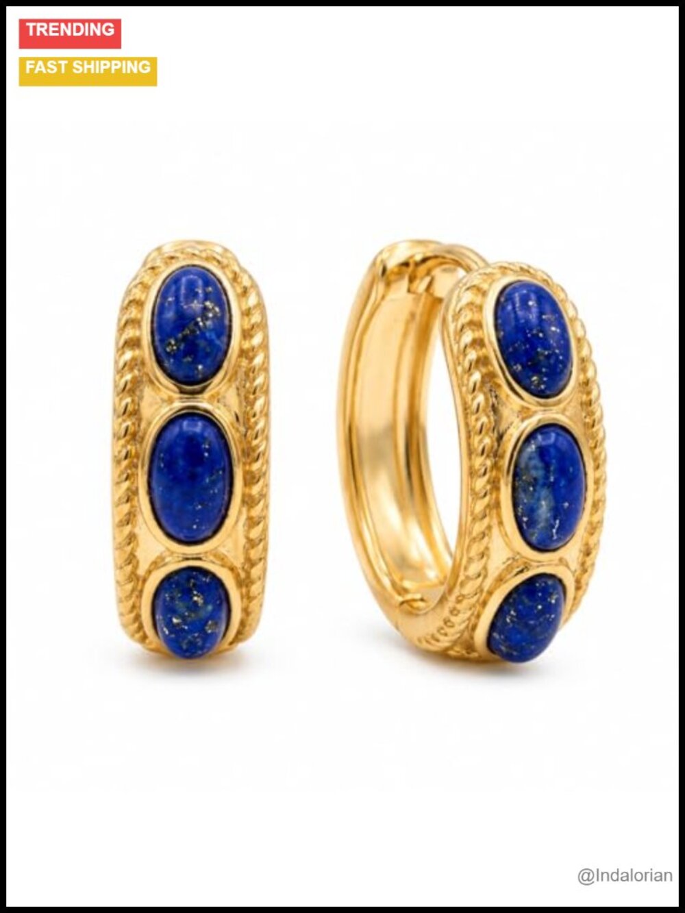 14K Gold Plated Lapis Lazuli Huggie Hoop Earrings Handcrafted